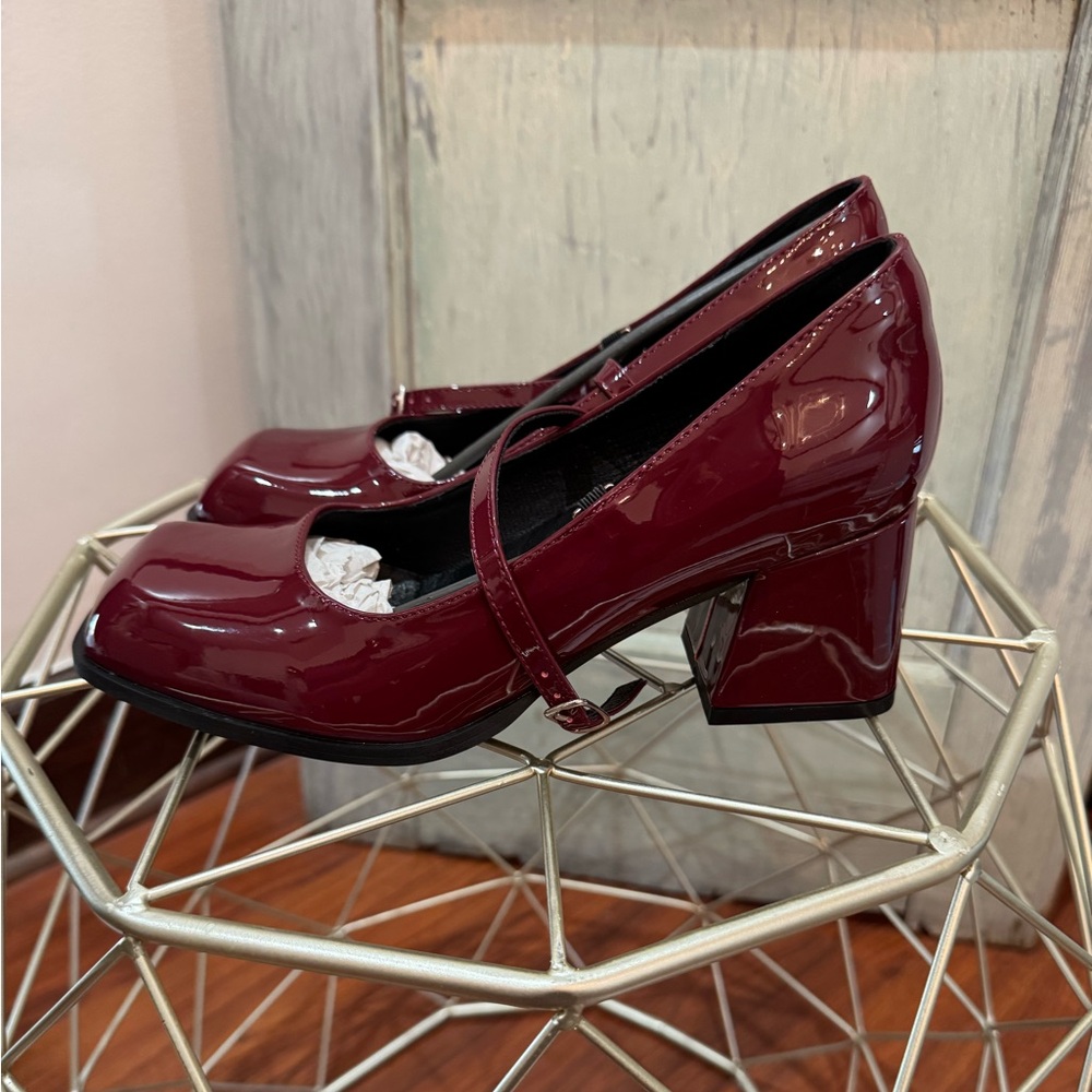 Chunky Heeled Mary Jane Shoes, Round Toe Red/Burgundy - Picture 3 of 11